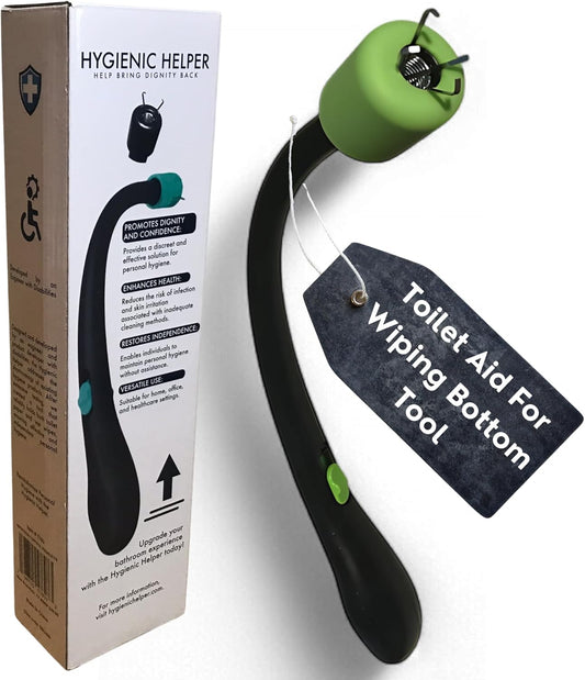 Toilet aid tool with green handle and black handle next to its packaging on a white background