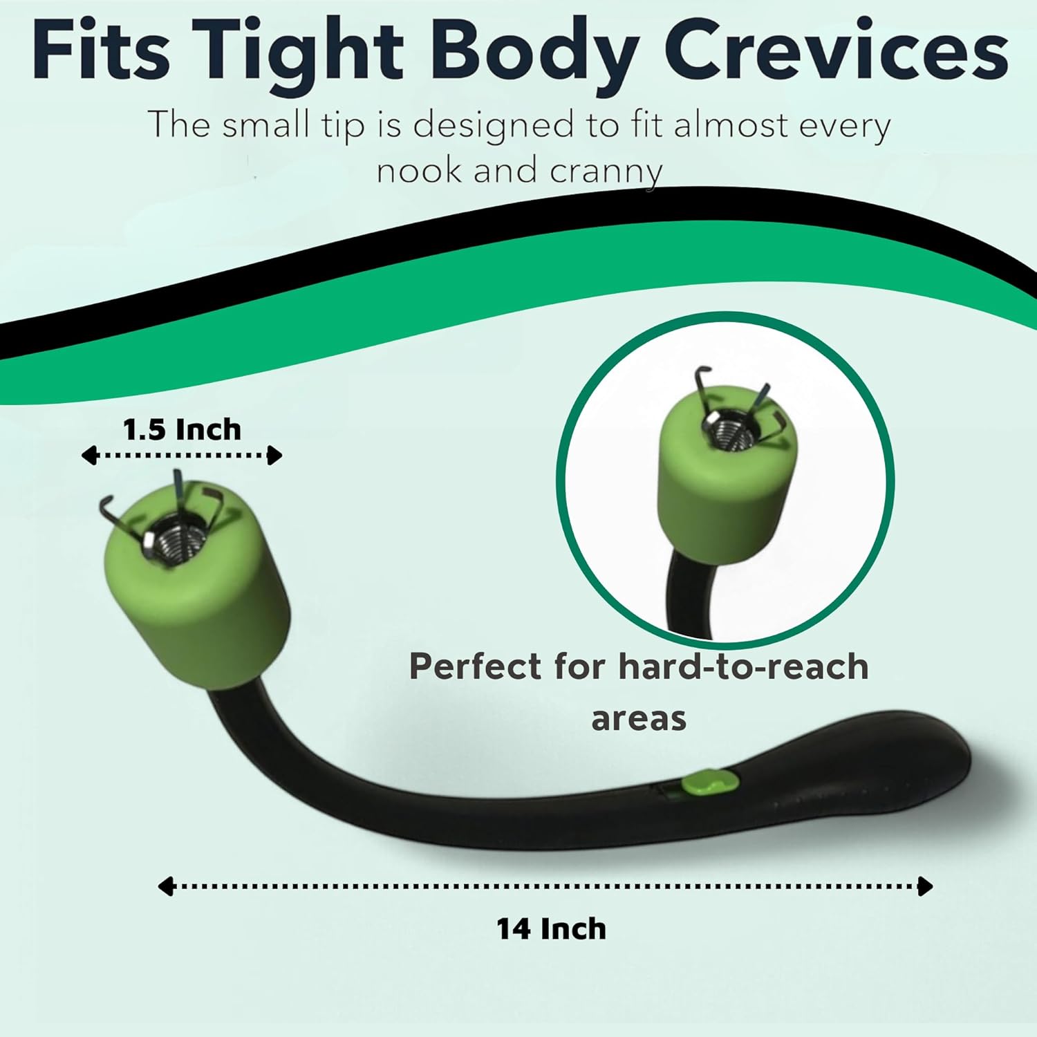 Butt wiper tool with flexible shaft and green nozzle, long reach toilet aid for self wiping and personal hygiene. Designed as a bottom wiping assist tool for elderly, disabled, or post-surgery users. Image also shows product dimensions for this comfort wipe hygiene wand.
