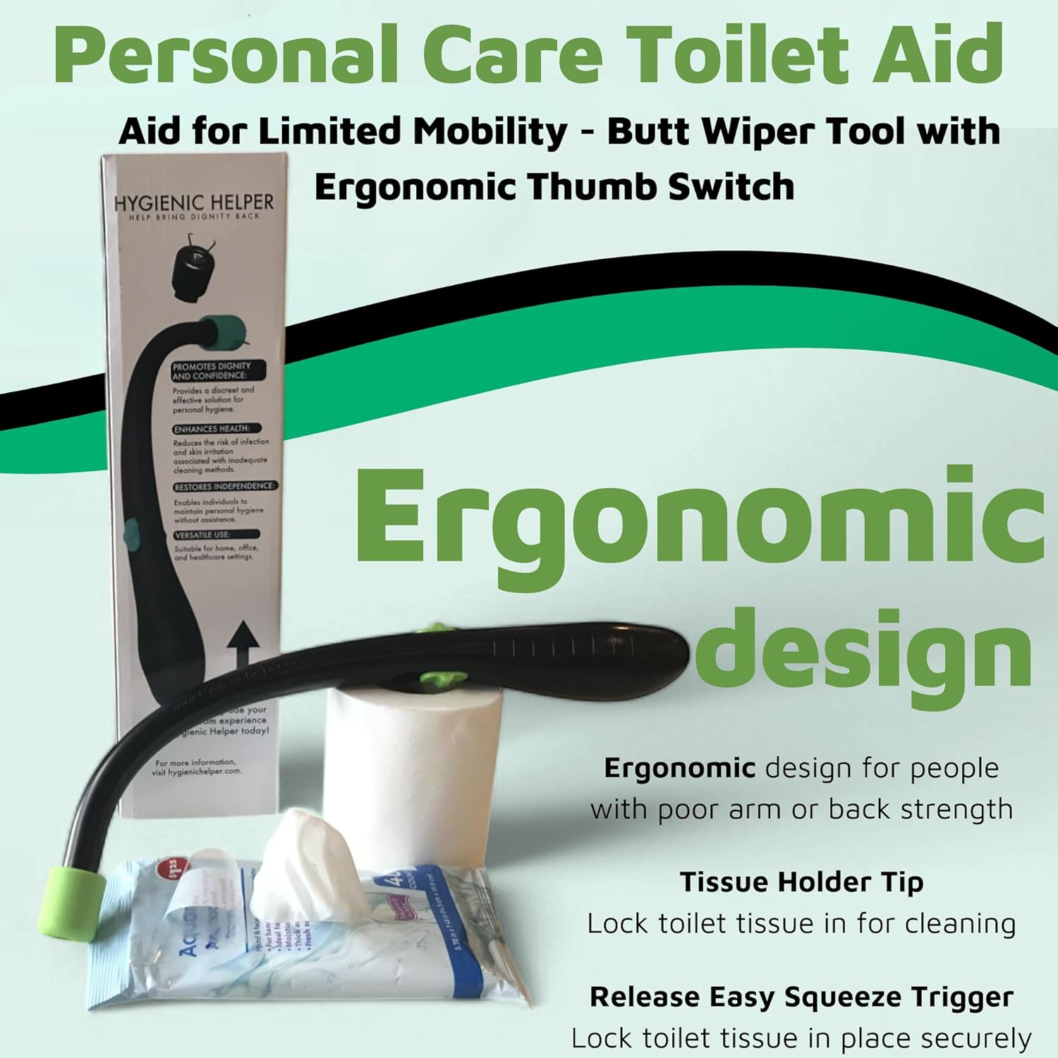 Personal care toilet aid butt wiper tool with ergonomic thumb switch and hygienic helper design for people with limited mobility, weak arms, or back pain. Includes tissue holder tip to lock toilet paper, easy squeeze release trigger, product packaging, and toilet tissue roll.