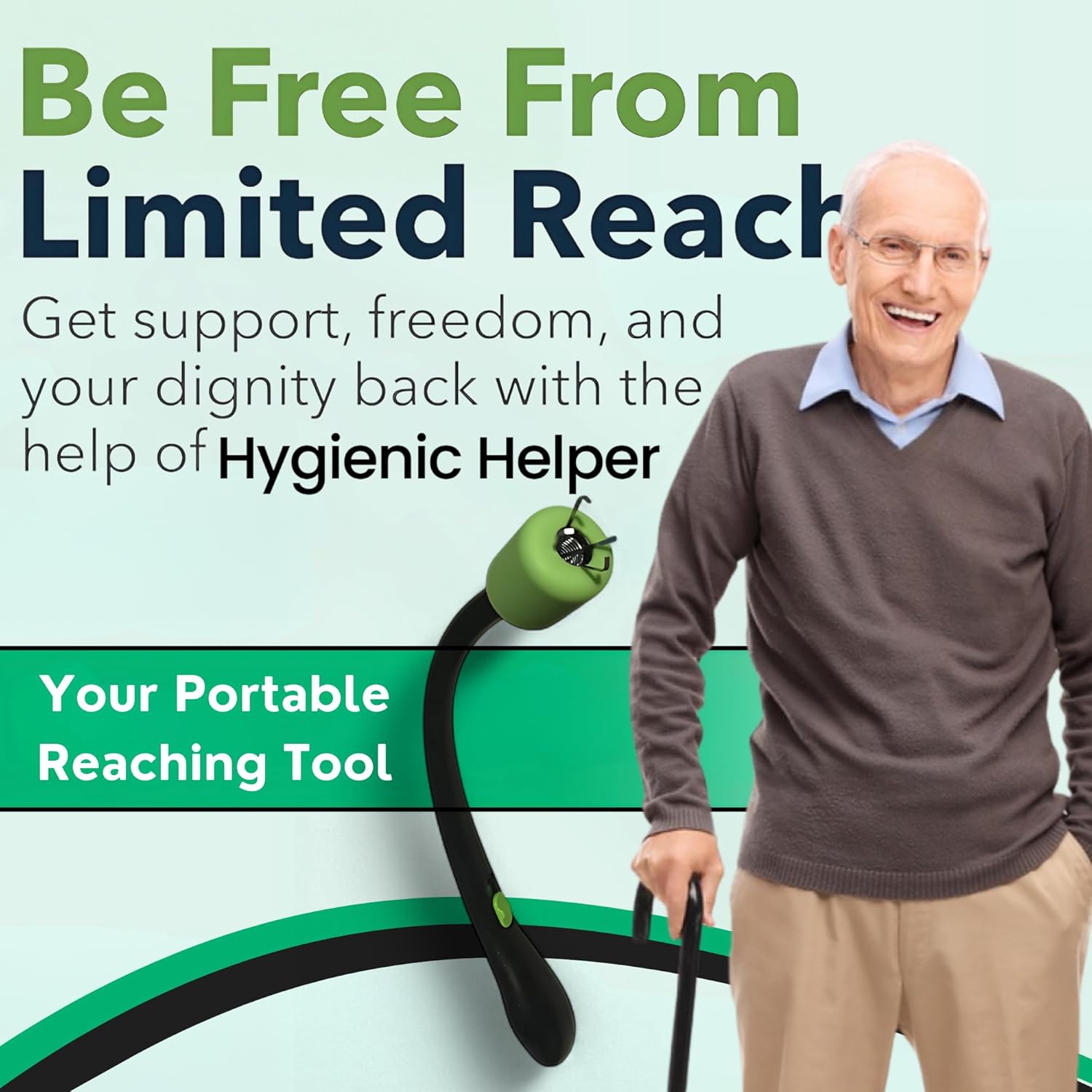 Advertisement for Hygienic Helper butt wiper tool with man holding the toilet aid device against a light green background. Personal care hygiene helper designed for elderly, disabled, or people with limited mobility.