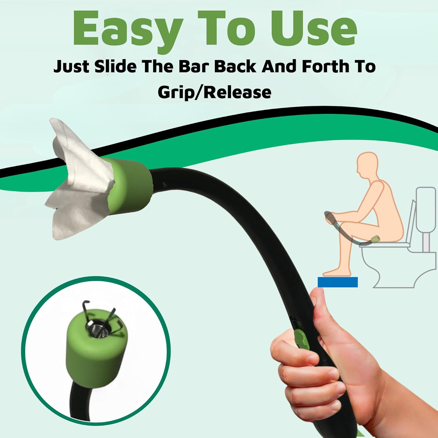 Handheld personal hygiene wiping tool with hose, butt wiper tool and portable bidet device for self wiping and toilet cleaning. Labeled 'Easy To Use' on a light green background, this bathroom wiping aid is designed for elderly, disabled, and limited mobility users. Image highlights compact design and ease of use.