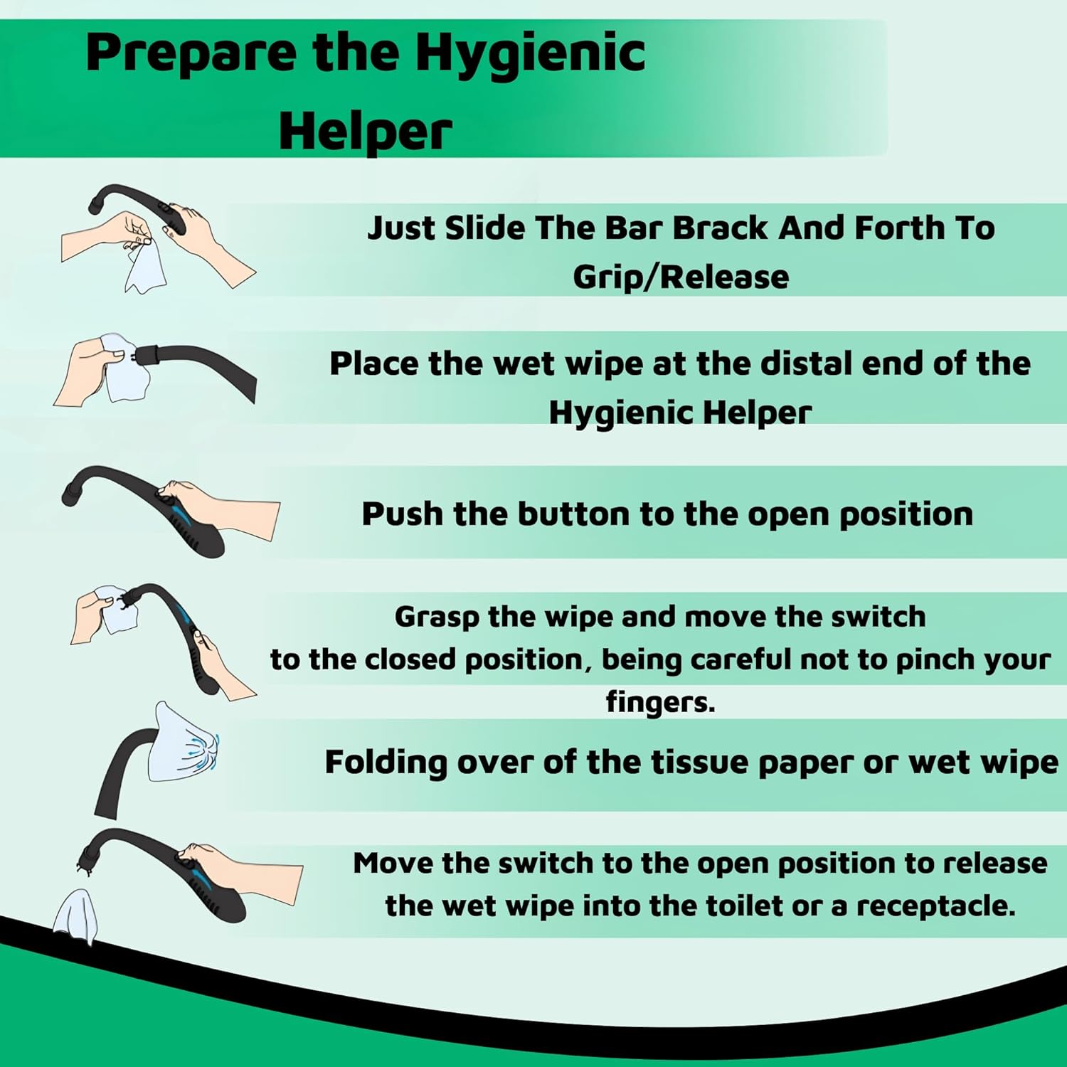 Step-by-step instructions for using a hygienic helper butt wiper tool, a long reach toilet aid for self wiping and personal hygiene. Shown on a green background, this bathroom wiping assist device is designed for elderly, disabled, or post-surgery users.