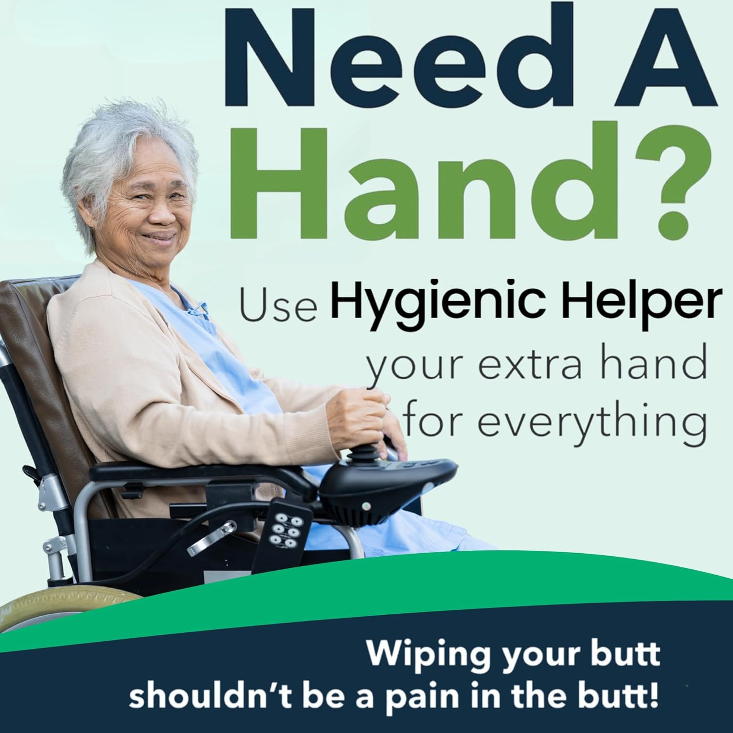 Advertisement showing elderly woman in wheelchair promoting the Hygienic Helper butt wiper tool, a personal care toilet aid for self wiping and hygiene support. Designed for seniors, disabled users, and people with limited mobility.