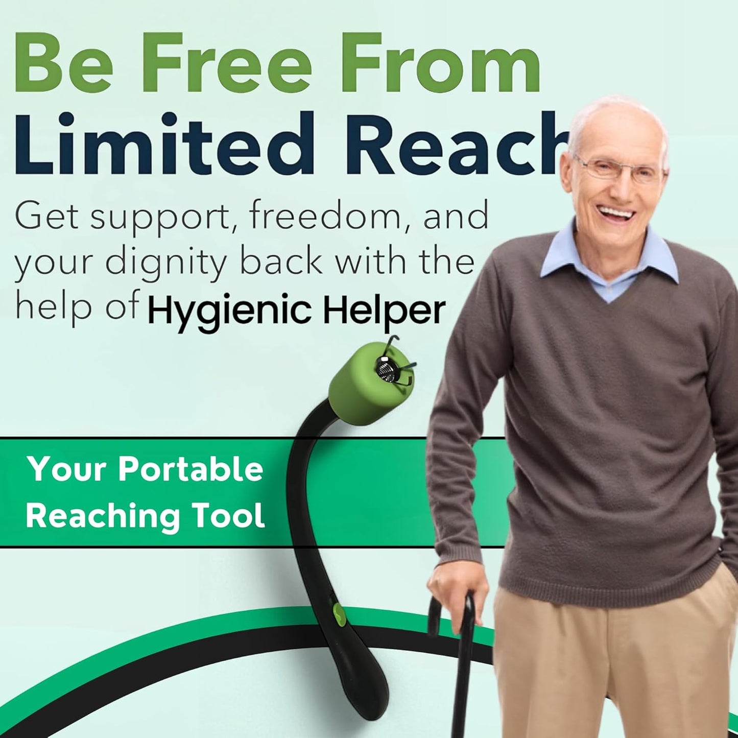 Hygienic Helper Butt Wiper Tool | Personal Care Toilet Aid for Limited Mobility - Hygienic HelperMobility & Daily Living AidsHygienic HelperHygienic HelperAdvertisement for Hygienic Helper butt wiper tool with man holding the toilet aid device against a light green background. Personal care hygiene helper designed for elderly, disabled, or people with limited mobility.