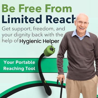 Hygienic Helper Butt Wiper Tool | Personal Care Toilet Aid for Limited Mobility - Hygienic HelperMobility & Daily Living AidsHygienic HelperHygienic HelperAdvertisement for Hygienic Helper butt wiper tool with man holding the toilet aid device against a light green background. Personal care hygiene helper designed for elderly, disabled, or people with limited mobility.