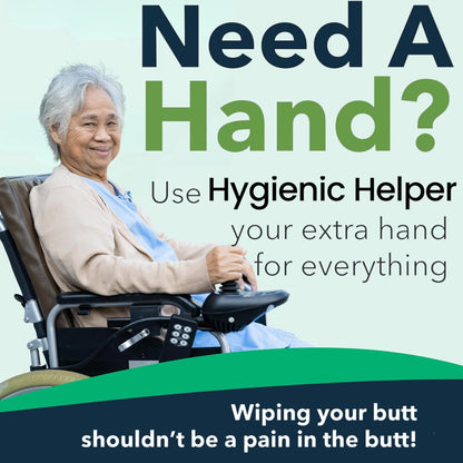 Hygienic Helper Butt Wiper Tool | Personal Care Toilet Aid for Limited Mobility - Hygienic HelperMobility & Daily Living AidsHygienic HelperHygienic HelperAdvertisement showing elderly woman in wheelchair promoting the Hygienic Helper butt wiper tool, a personal care toilet aid for self wiping and hygiene support. Designed for seniors, disabled users, and people with limited mobility.